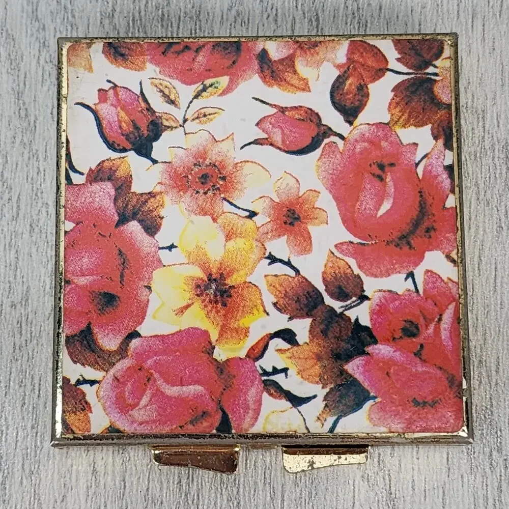 Vtg Compact Purse Mirror Gold Floral Double Sided Magnification Square 2.25
